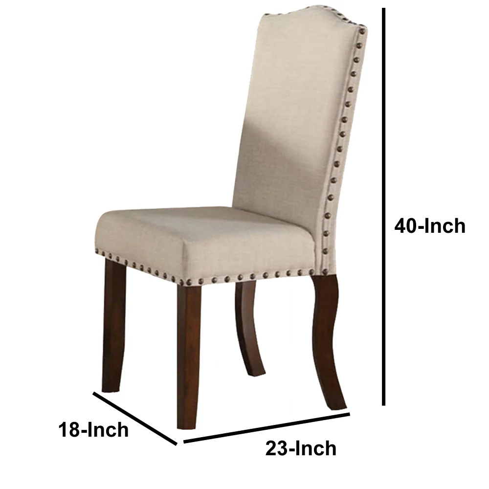 Rubber Wood Dining Chair With Nail Head Trim, Set Of 2, Brown And Cream By Benzara - Image 2