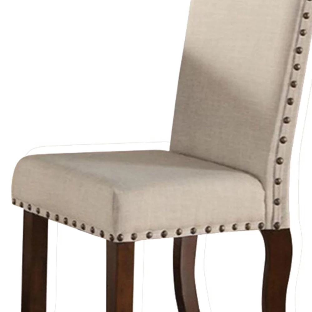 Rubber Wood Dining Chair With Nail Head Trim, Set Of 2, Brown And Cream By Benzara - Image 3
