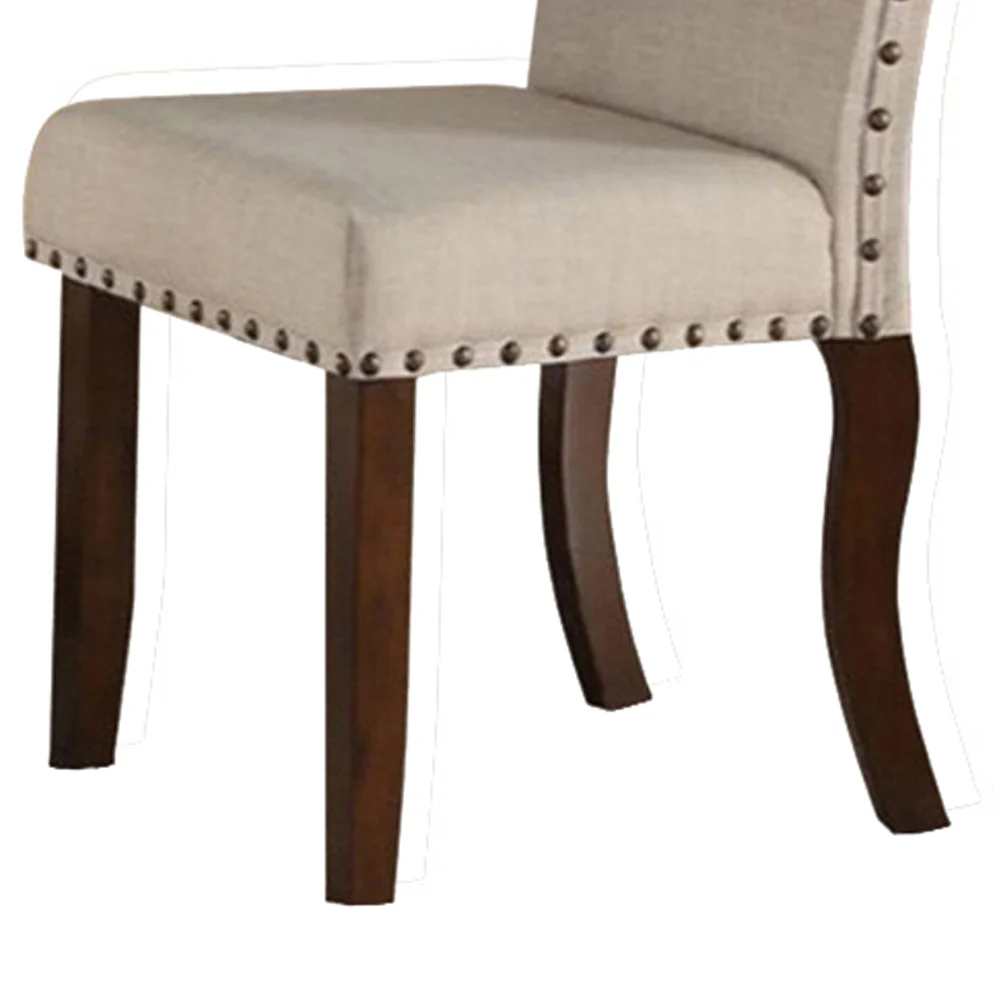 Rubber Wood Dining Chair With Nail Head Trim, Set Of 2, Brown And Cream By Benzara - Image 4