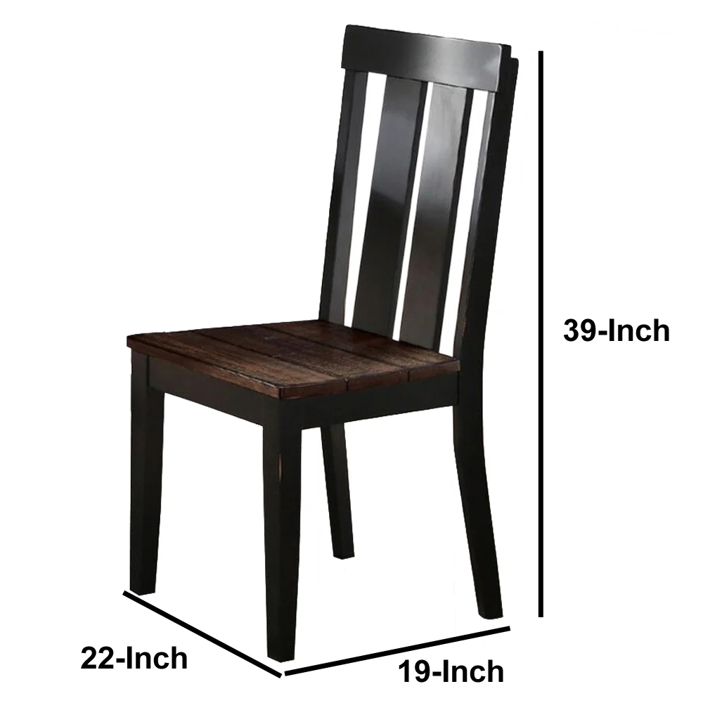 Rubber Wood Dining Chair With Slatted Back, Set Of 2, Brown And Black By Benzara - Image 3