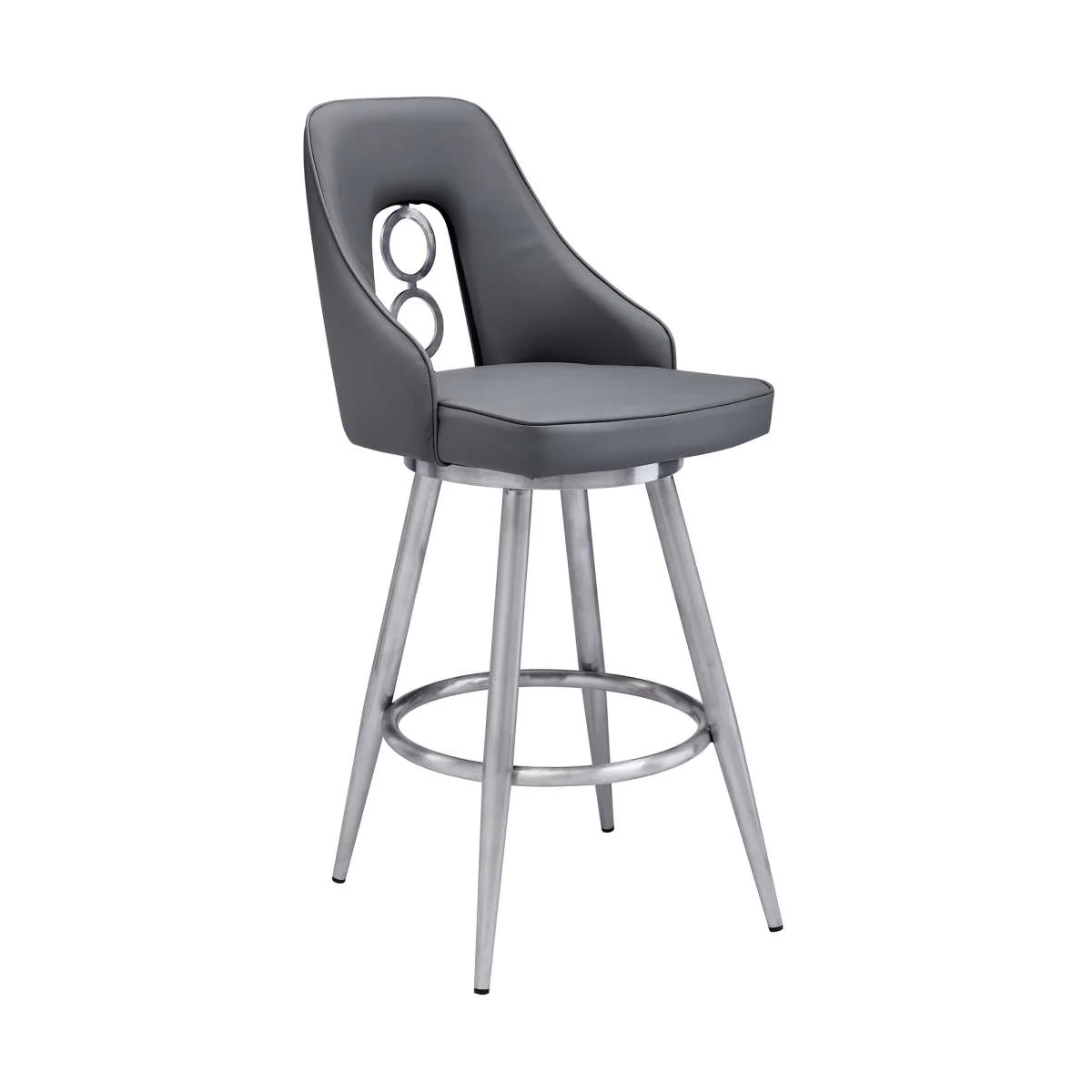 Ruby 30" Bar Height Swivel Black Faux Leather and Brushed Stainless Steel Bar Stool By Armen Living - Image 2
