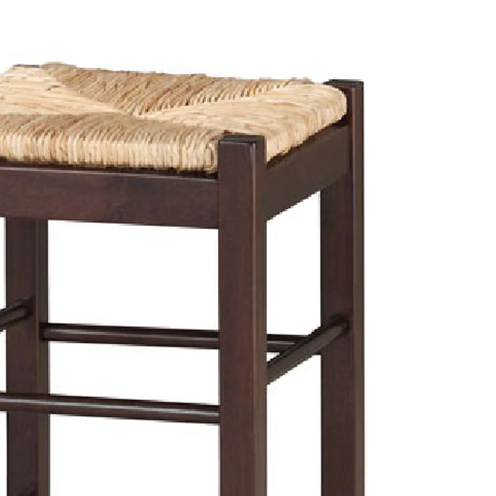 Rush Woven Wooden Frame Barstool With Saber Legs, Beige And Dark Brown By Benzara - Image 2