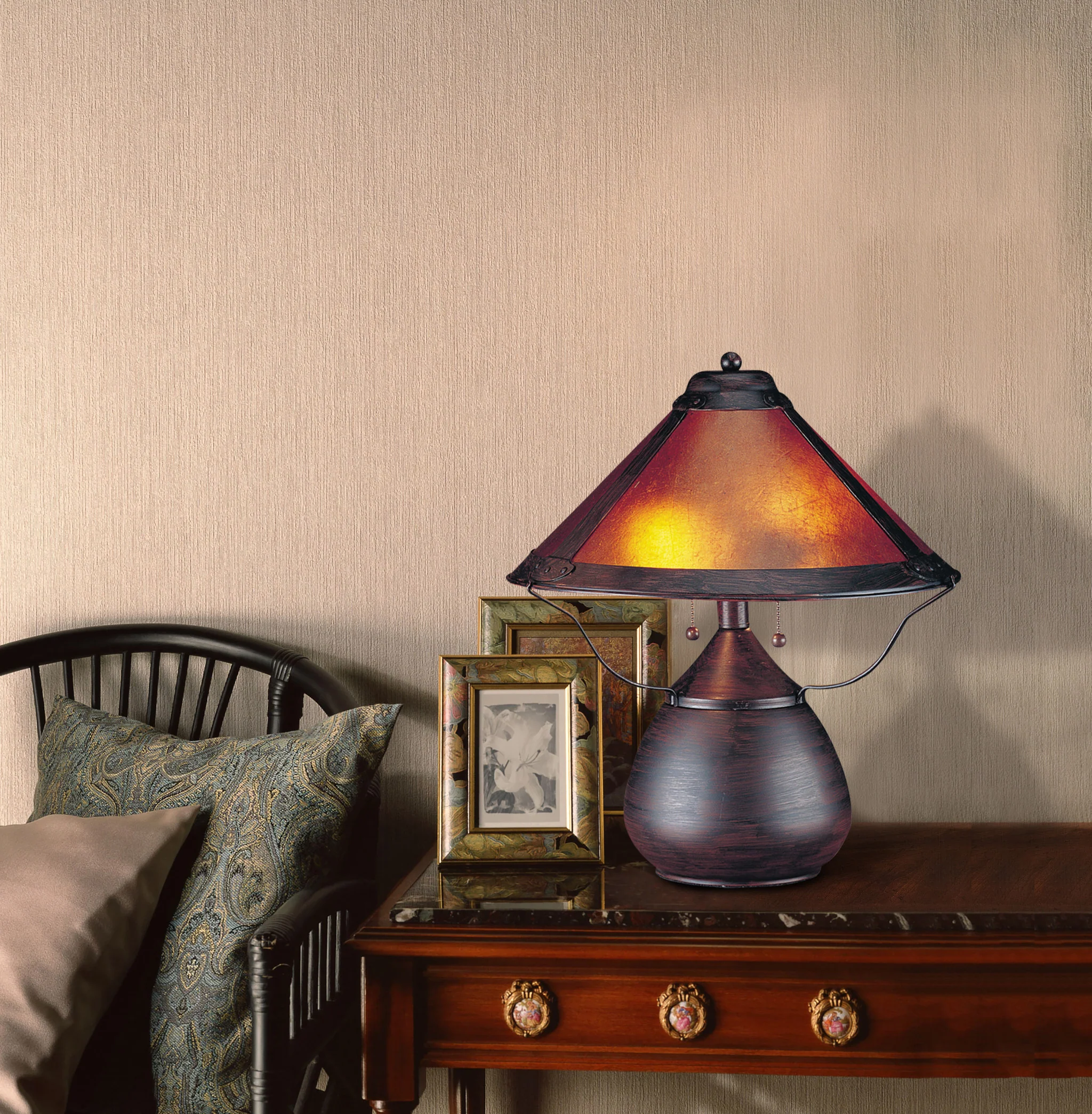 Rust Metal Two Light Round Table Lamp With Amber Empire Shade By Homeroots - Image 2