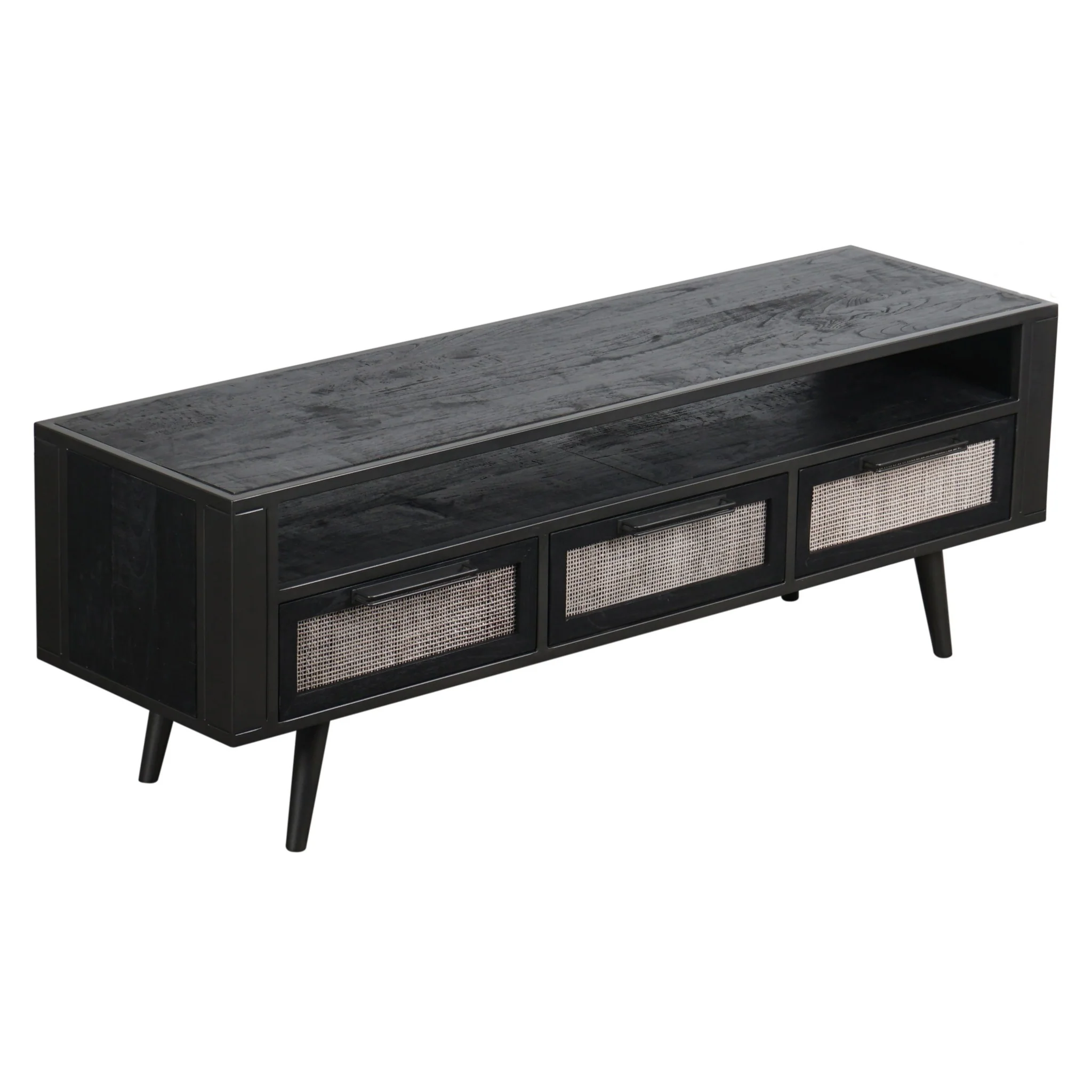 Rustic Black and Rattan TV Stand with Three Drawers By Homeroots - Image 2