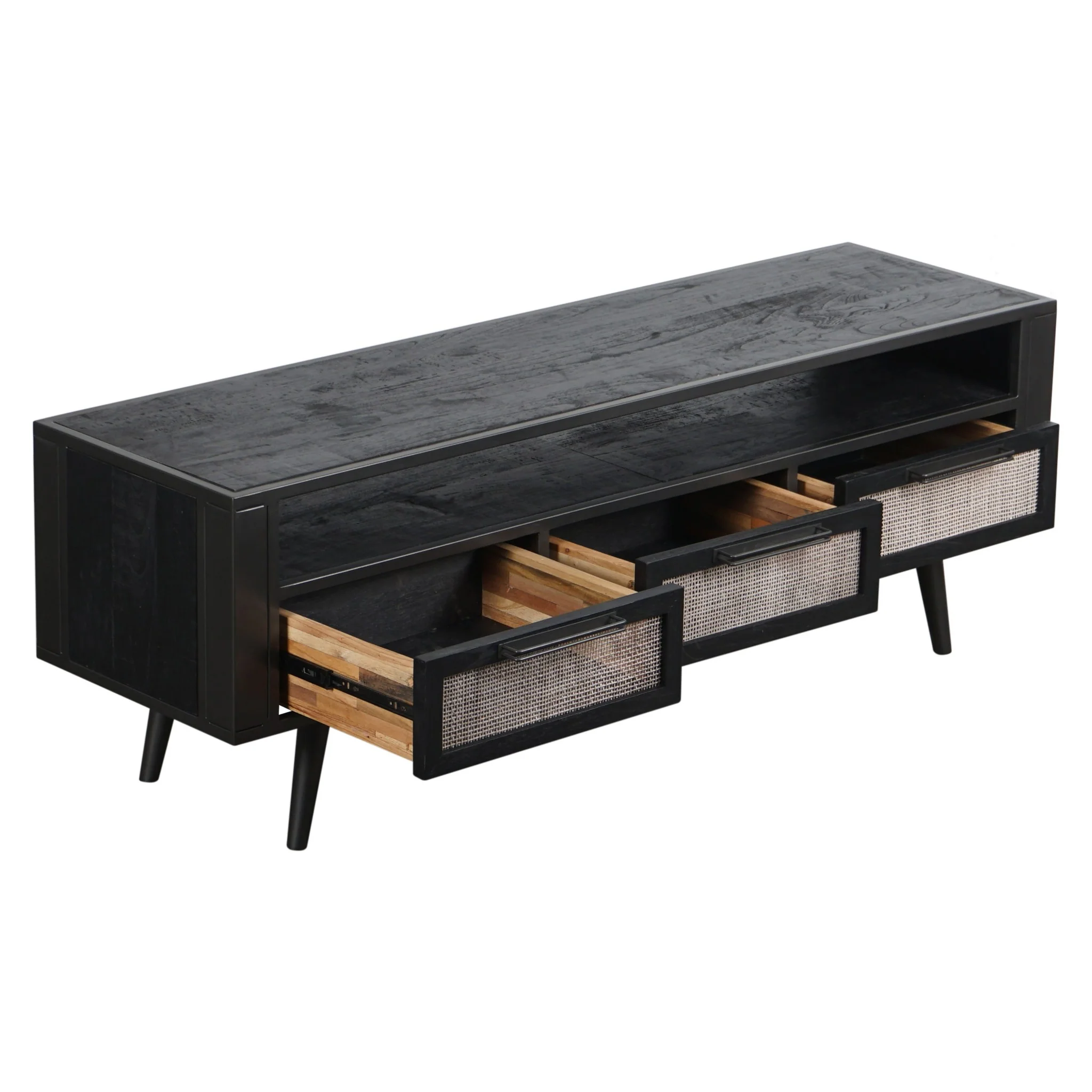 Rustic Black and Rattan TV Stand with Three Drawers By Homeroots - Image 3