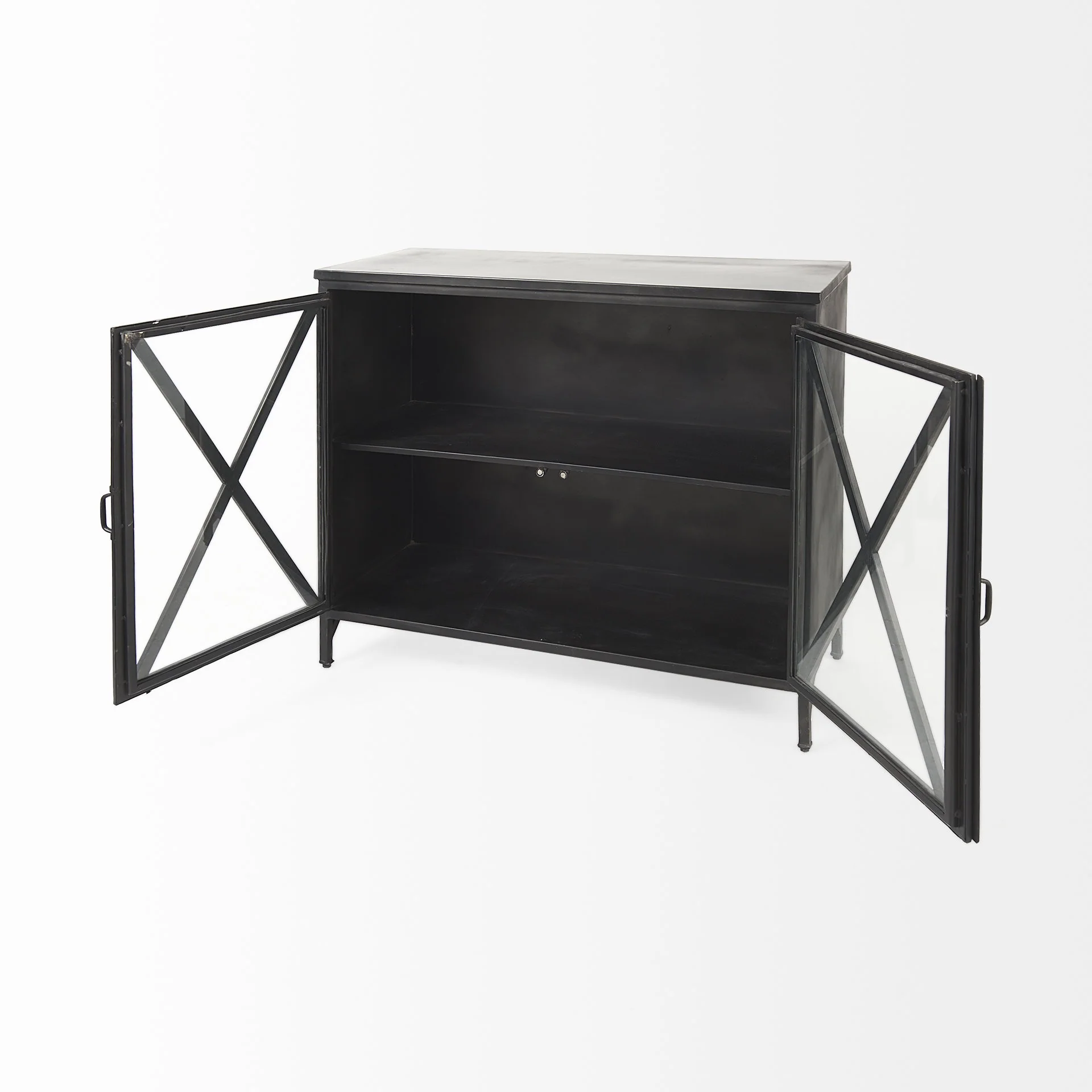 Rustic Black Metal Cabinet With Glass Doors By Homeroots - Image 5