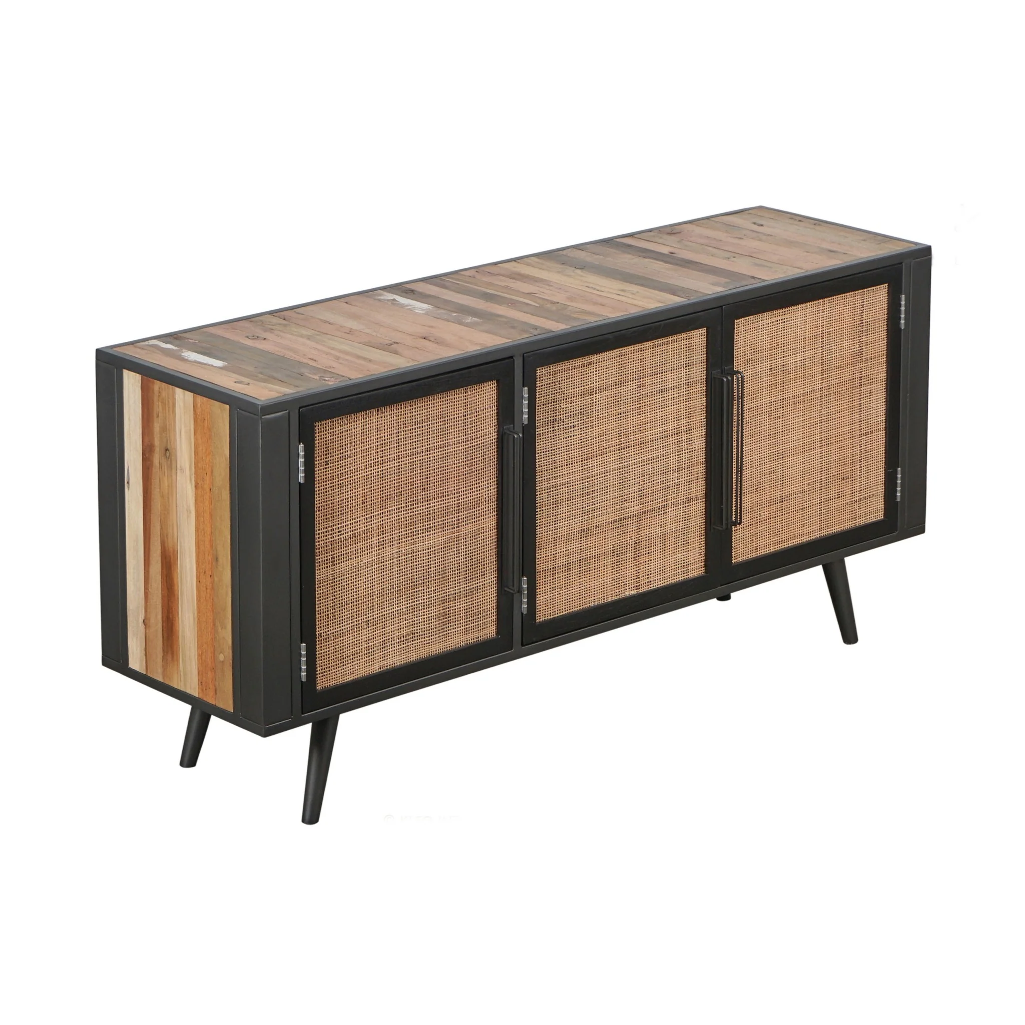 Rustic Black Natural and Rattan Media Cabinet with Three Doors By Homeroots - Image 2