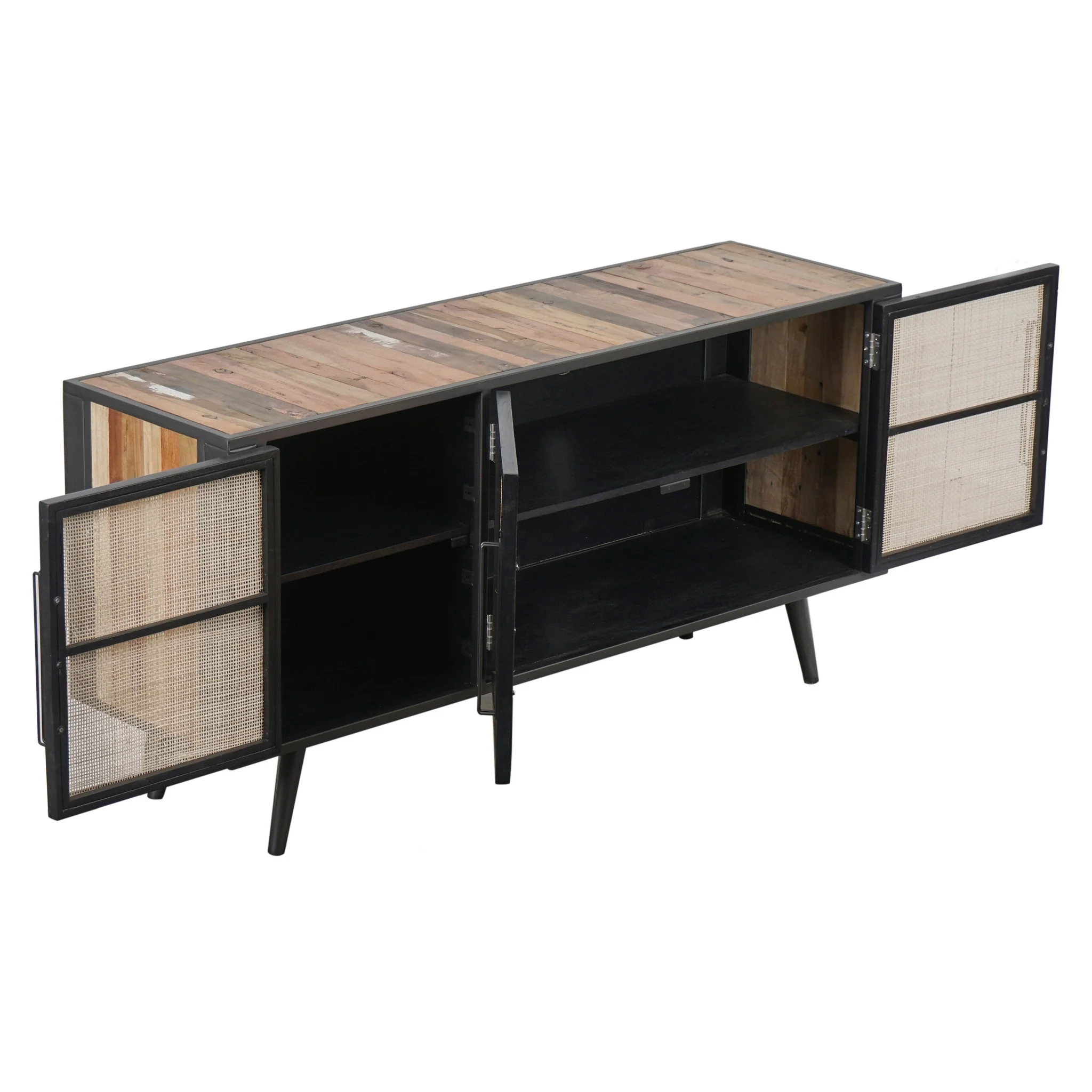 Rustic Black Natural and Rattan Media Cabinet with Three Doors By Homeroots - Image 3