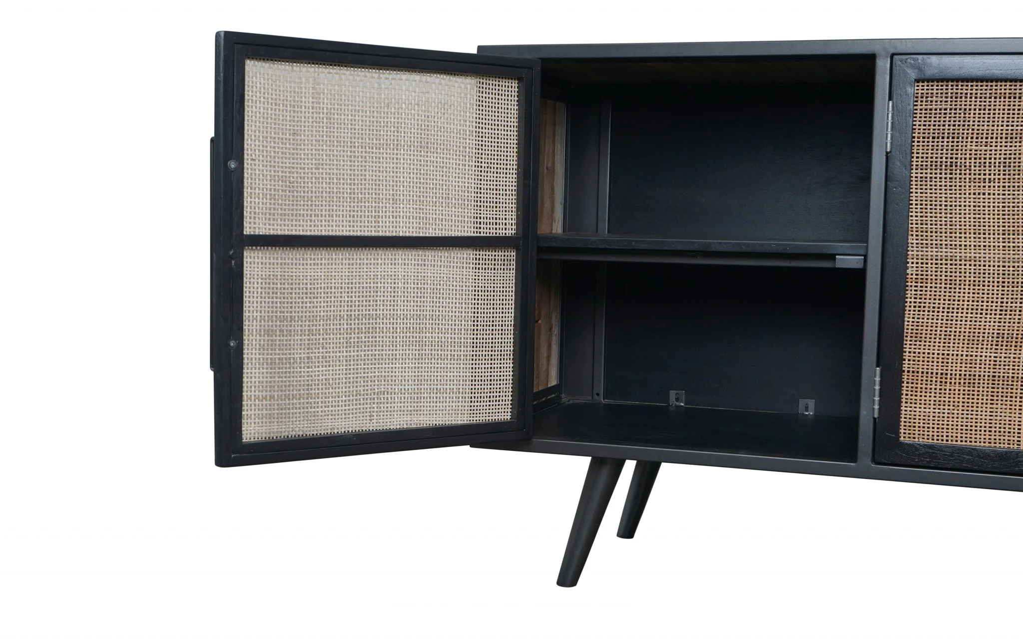 Rustic Black Natural and Rattan Media Cabinet with Three Doors By Homeroots - Image 6