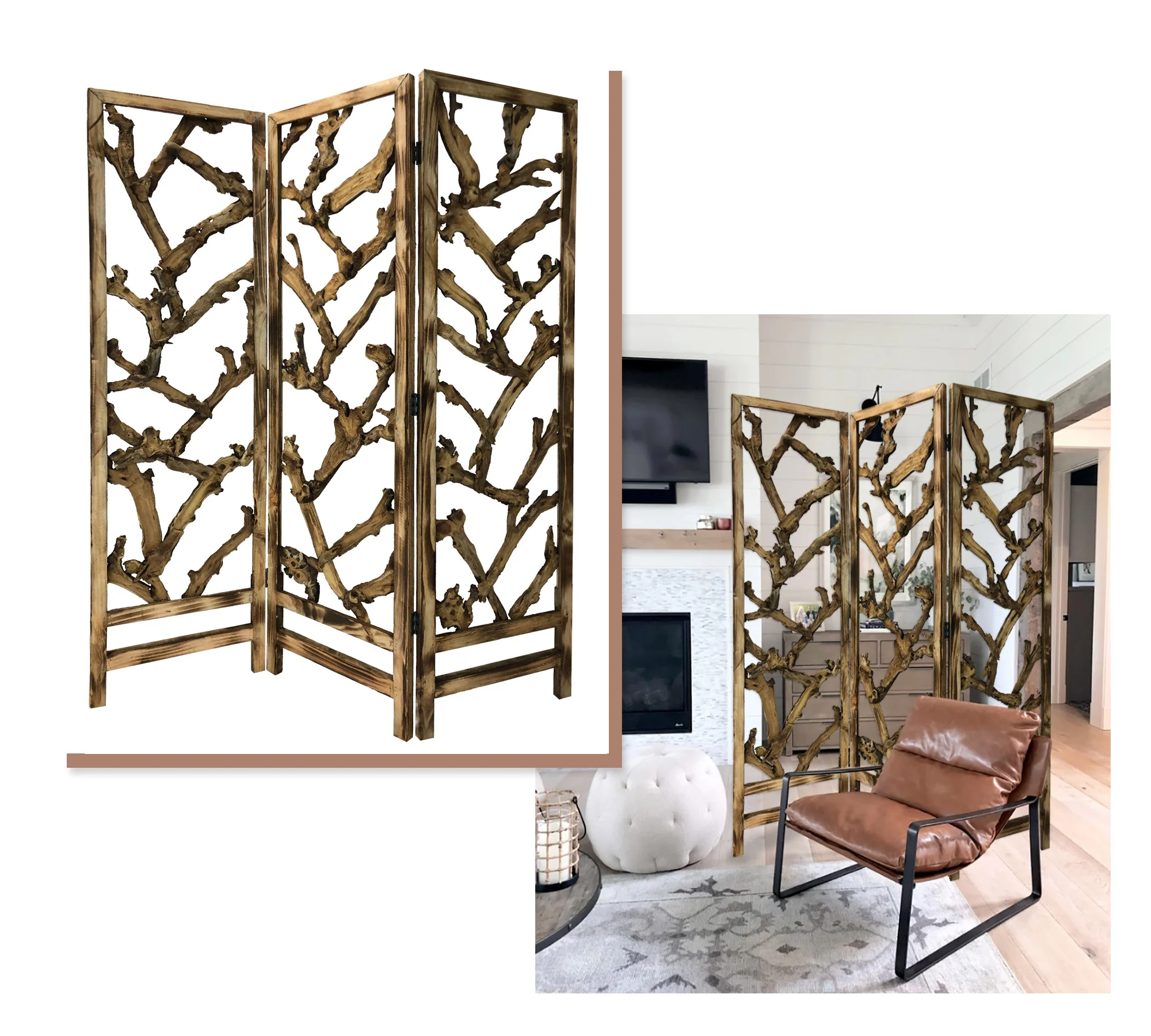 Rustic Earthy Wood Root Three Panel Room Divider Screen By Homeroots - Image 2