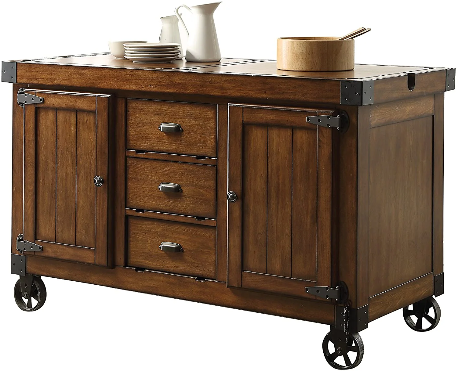 Rustic Farmhouse Warm Tobacco Rolling Kitchen Cart By Homeroots - Image 2