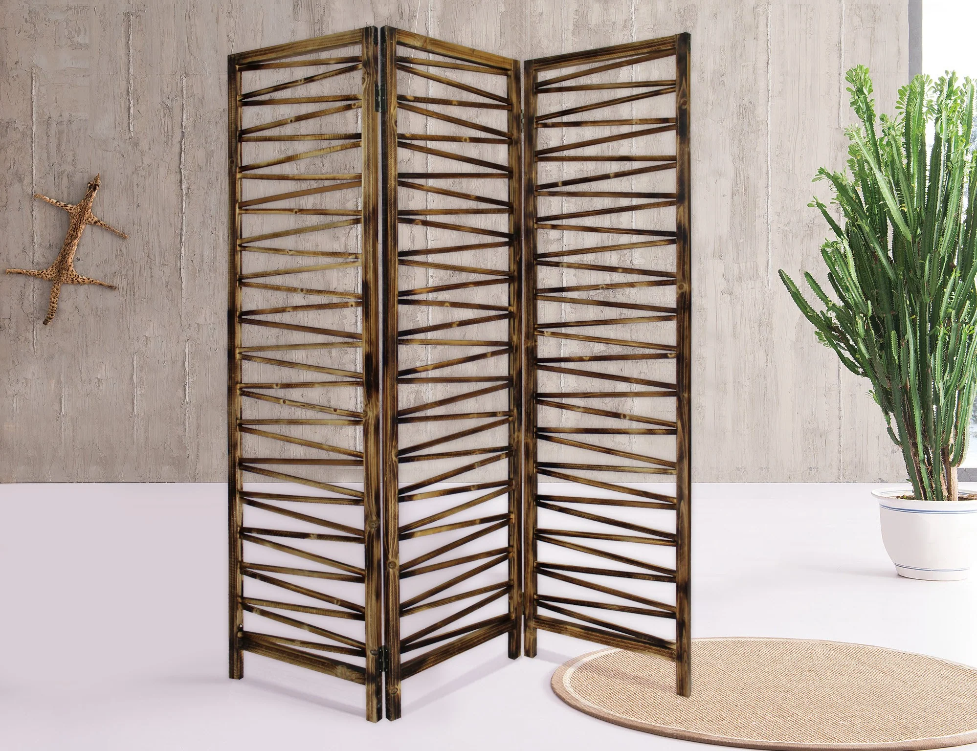 Rustic Geo Design Wood Three Panel Room Divider Screen By Homeroots - Image 4