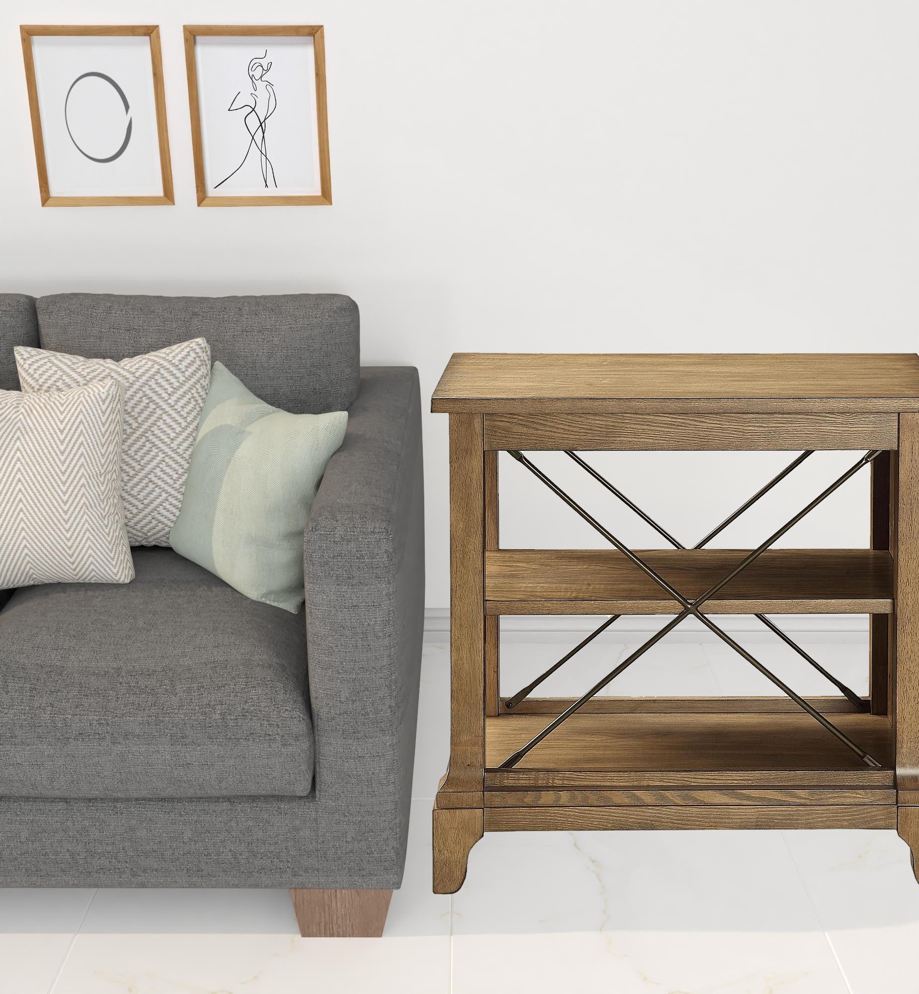 Rustic Light Oak End Table with X-Bar Detail By Homeroots - Image 2