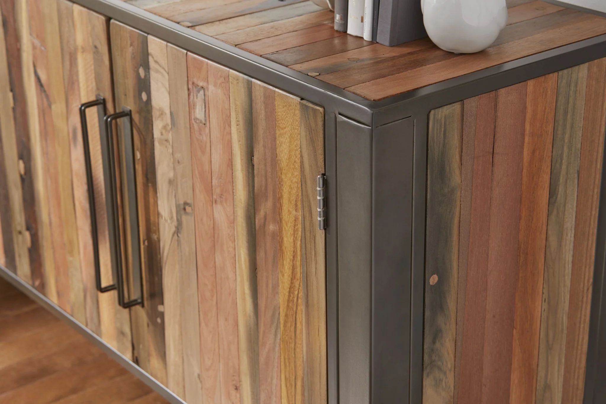 Rustic Natural Wood Media Cabinet with Four Doors By Homeroots - Image 2