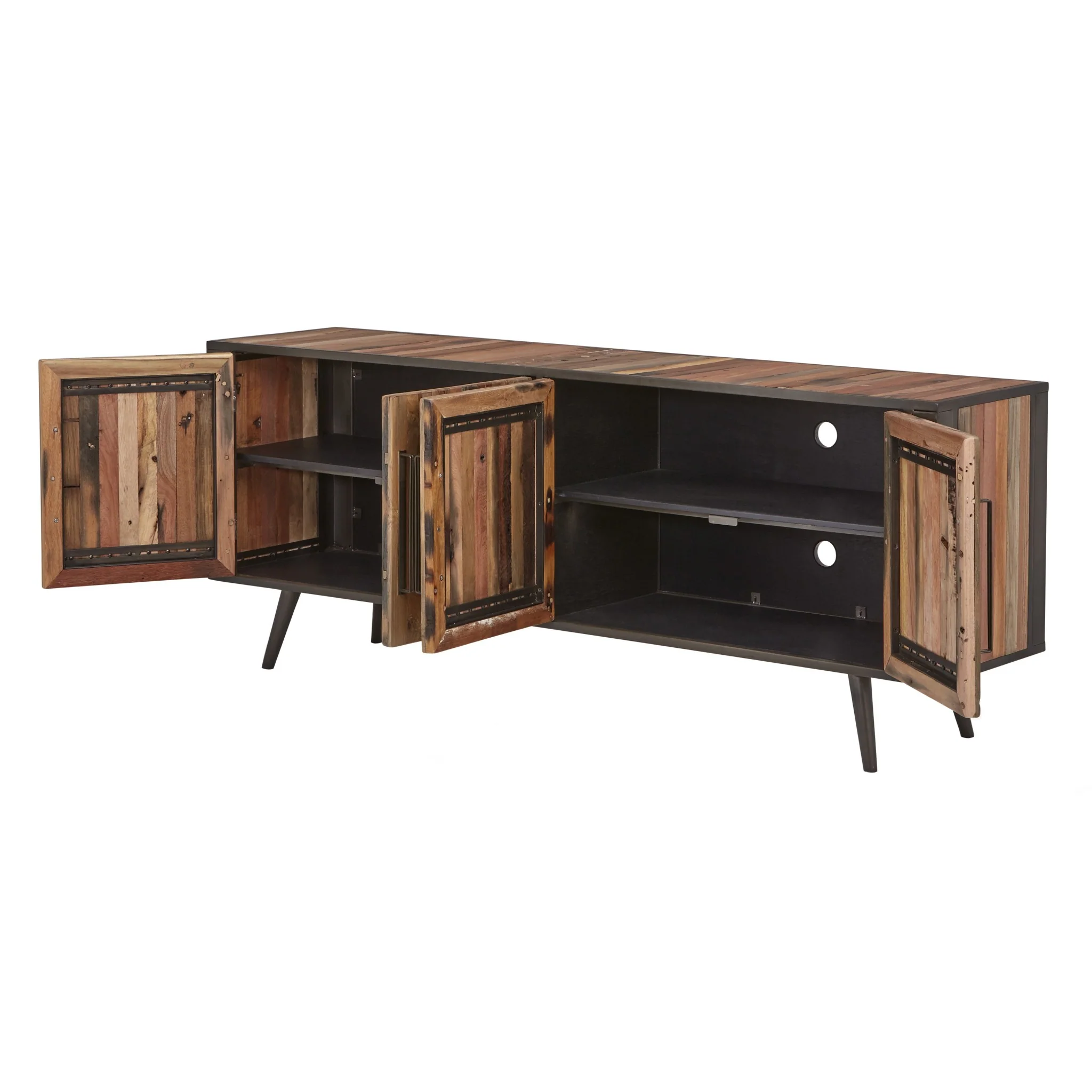 Rustic Natural Wood Media Cabinet with Four Doors By Homeroots - Image 5