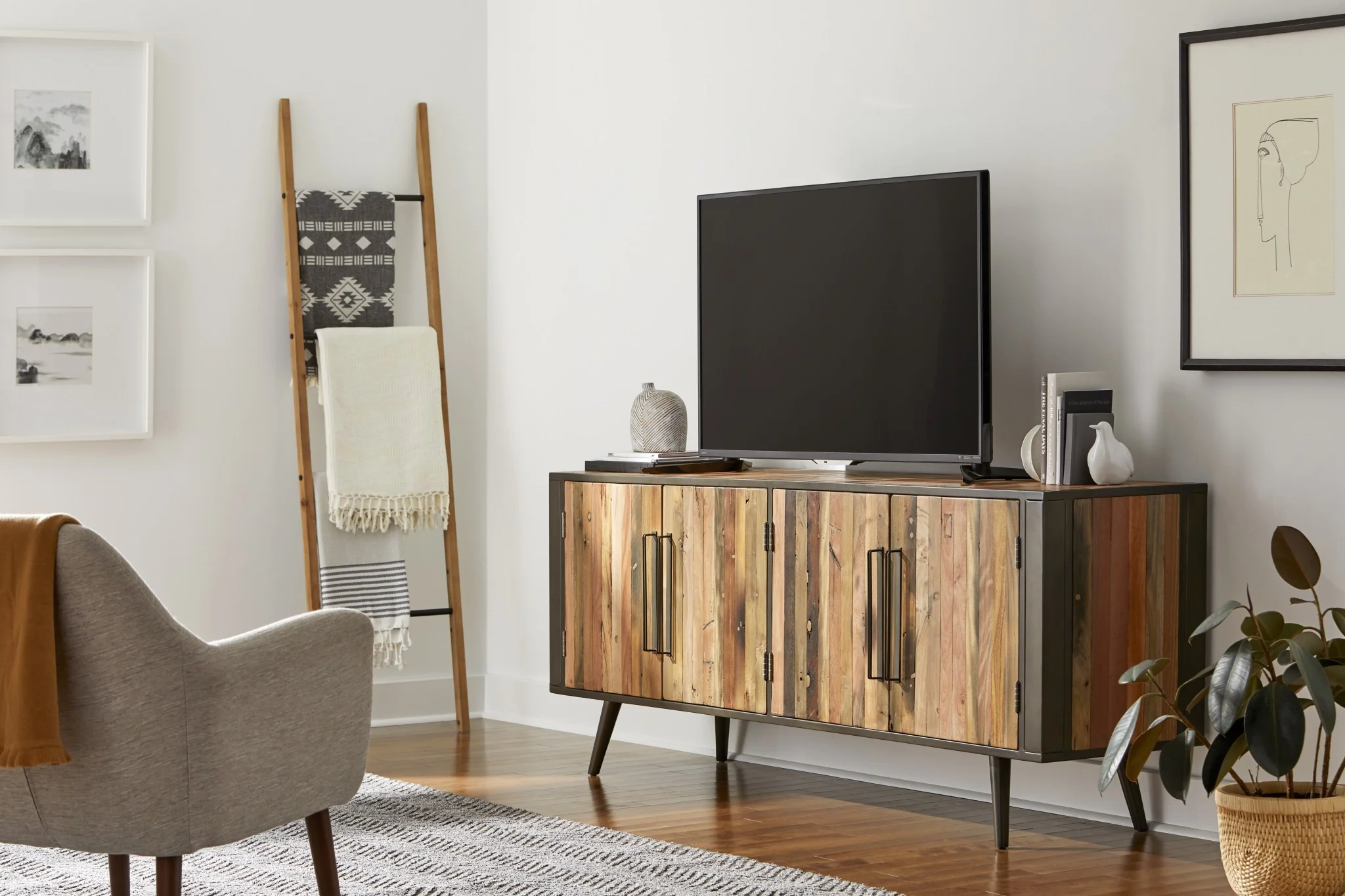 Rustic Natural Wood Media Cabinet with Four Doors By Homeroots - Image 9
