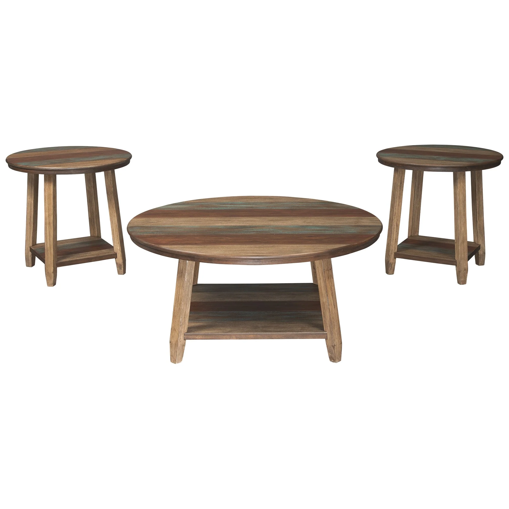 Rustic Plank Style Round Shape Cocktail And 2 End Tables, Set Of 3, Brown By Benzara - Image 4
