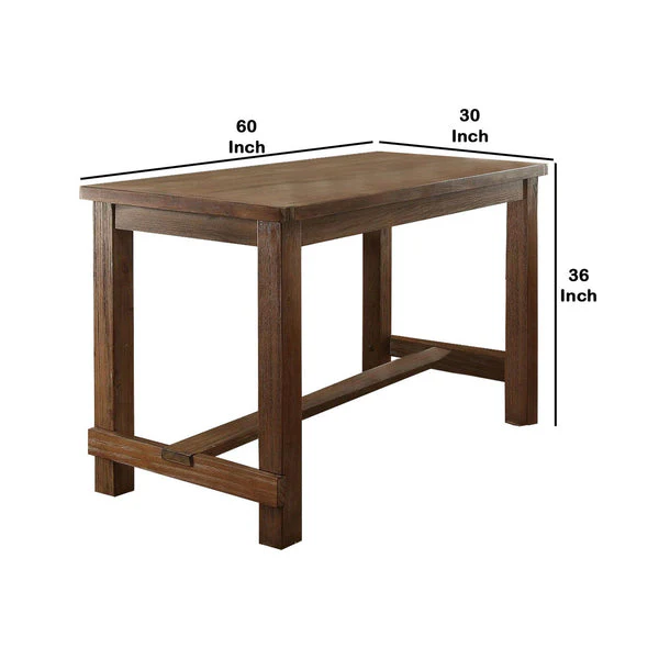 Rustic Plank Wooden Counter Height Table With Block Legs Oak Brown By Benzara - Image 3