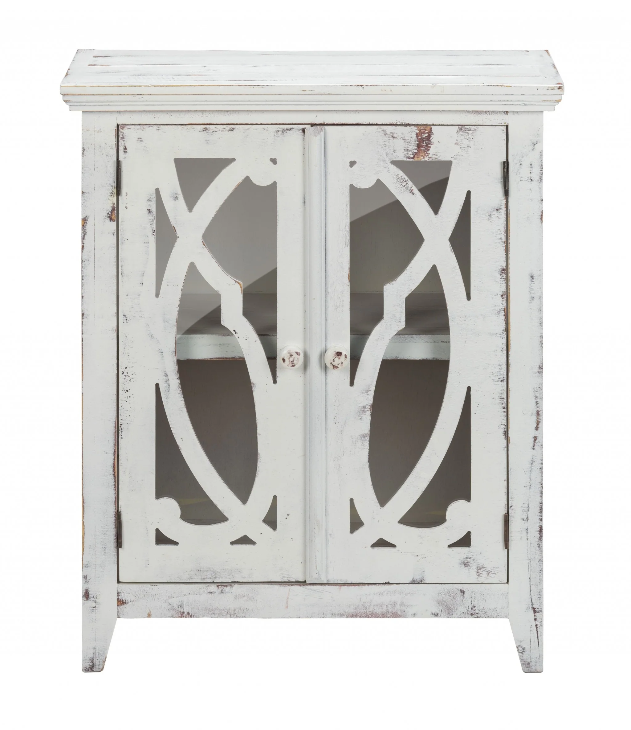 Rustic White Wood And Glass Scrollwork Accent Cabinet By Homeroots - Image 2