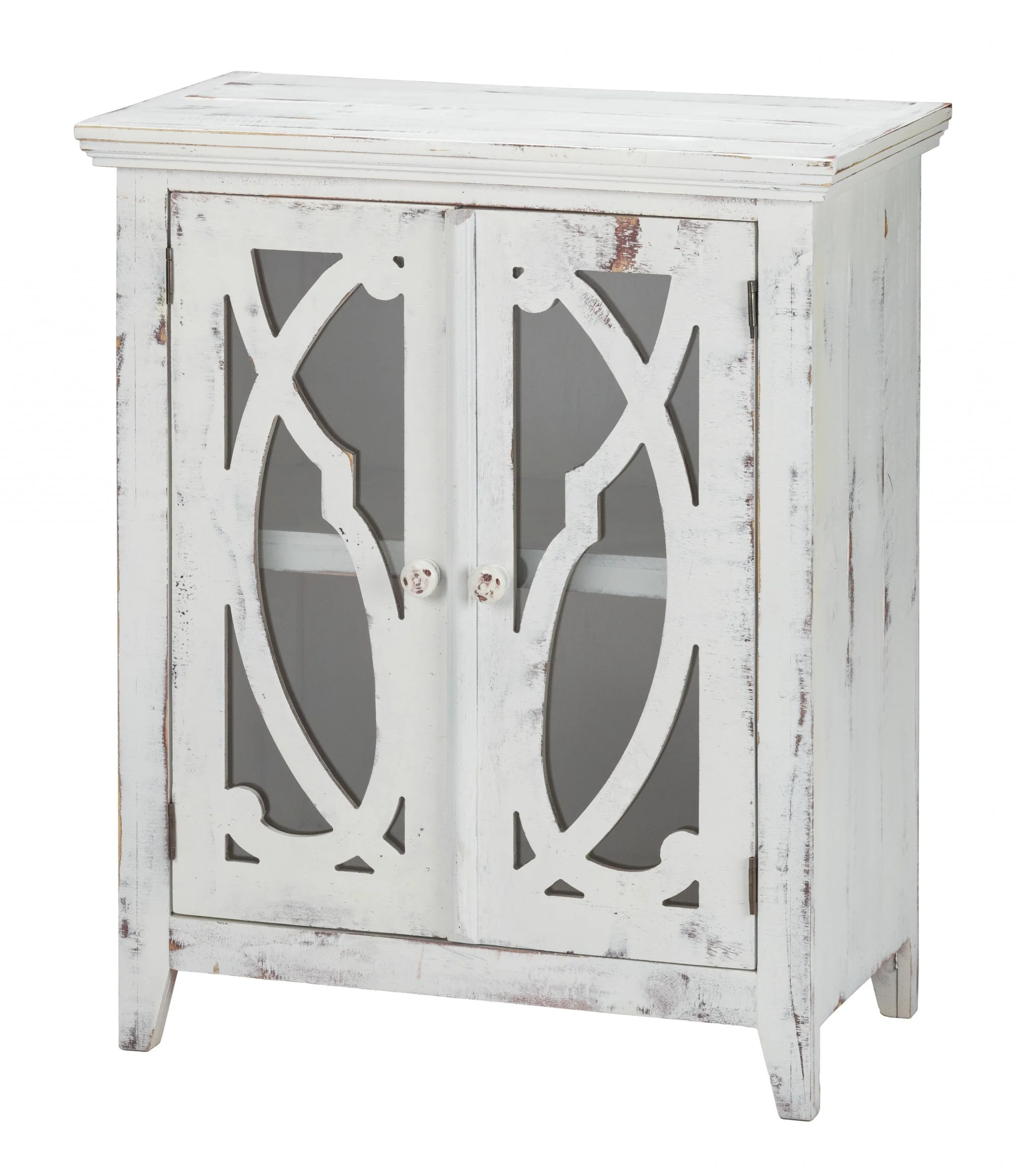 Rustic White Wood And Glass Scrollwork Accent Cabinet By Homeroots - Image 3