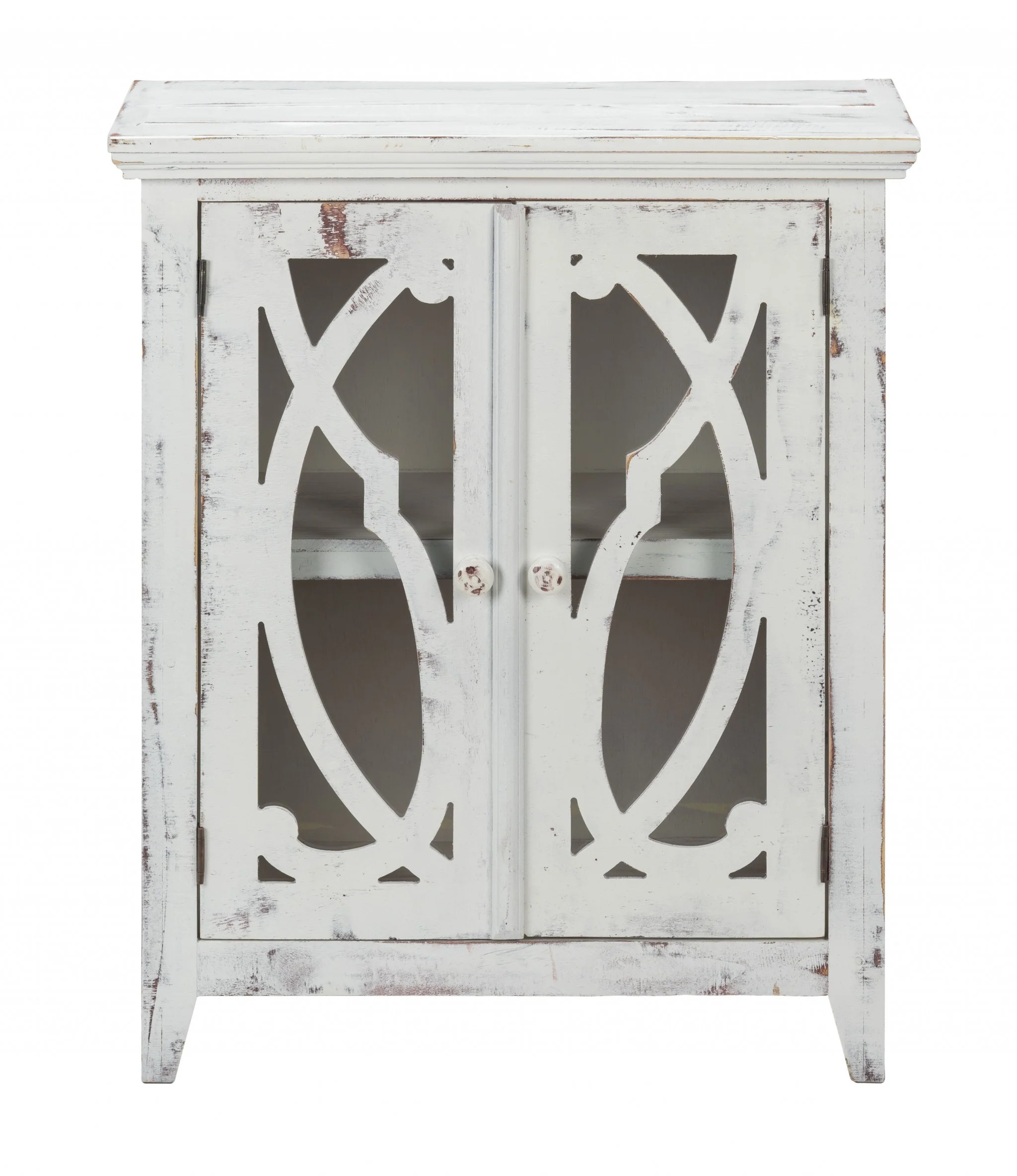 Rustic White Wood And Glass Scrollwork Accent Cabinet By Homeroots - Image 4