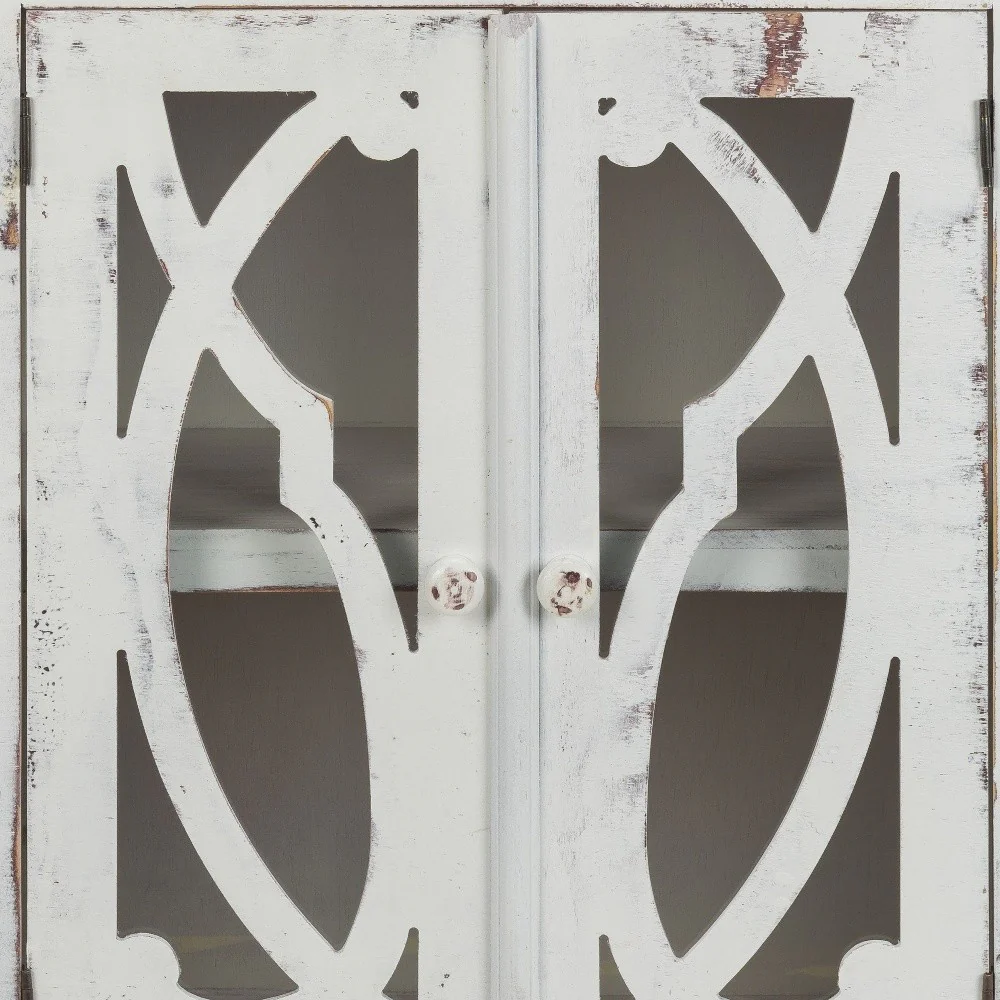 Rustic White Wood And Glass Scrollwork Accent Cabinet By Homeroots - Image 5