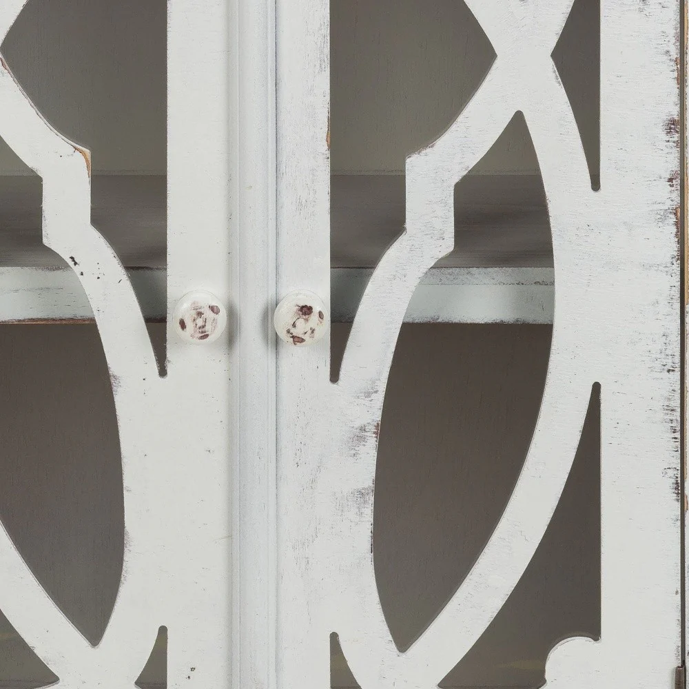 Rustic White Wood And Glass Scrollwork Accent Cabinet By Homeroots - Image 6