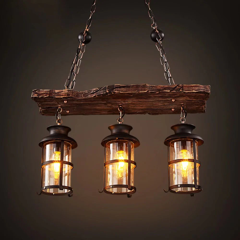 Rustic Wood and Metal Three Light Hanging Lantern Chandelier By Homeroots - Image 2