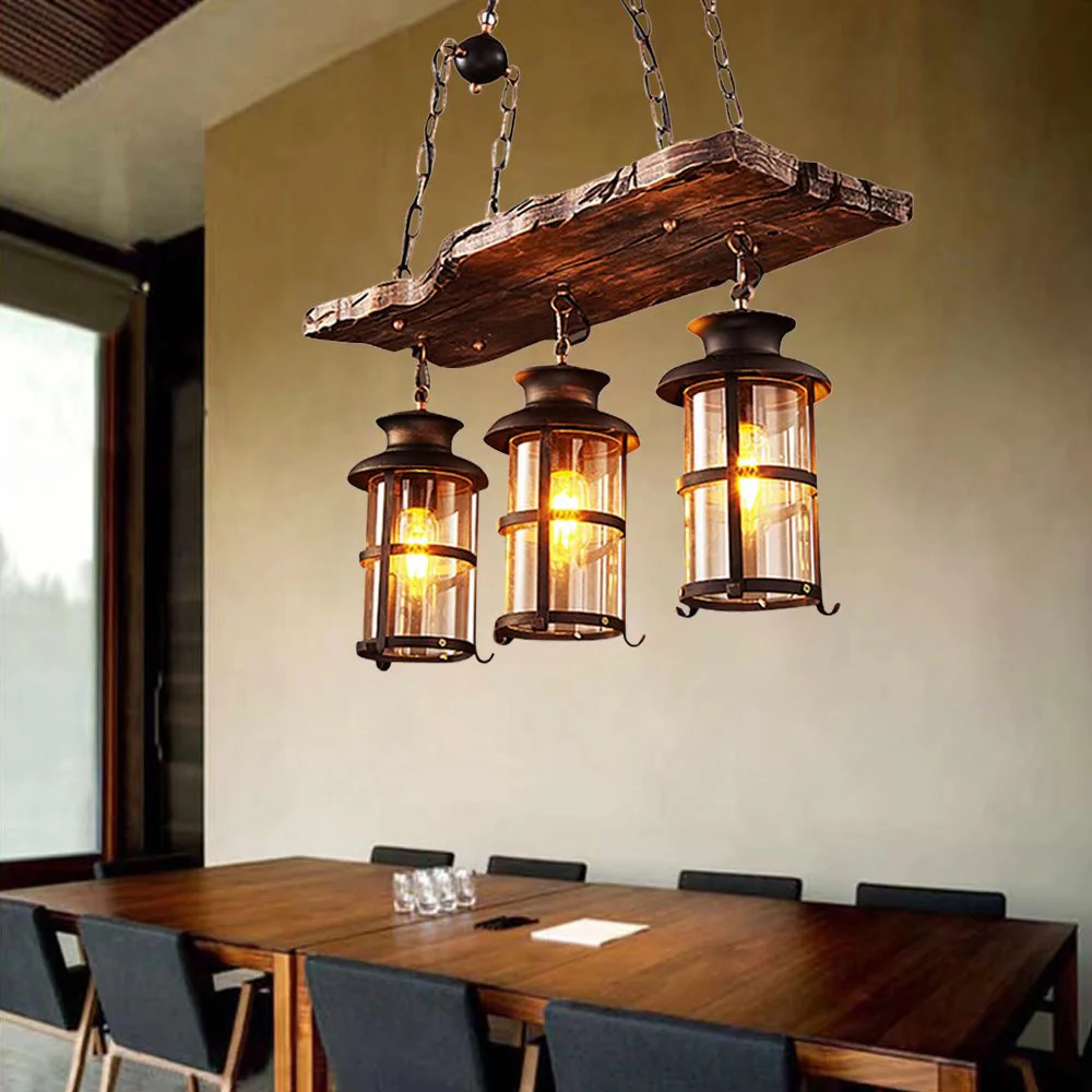 Rustic Wood and Metal Three Light Hanging Lantern Chandelier By Homeroots - Image 3