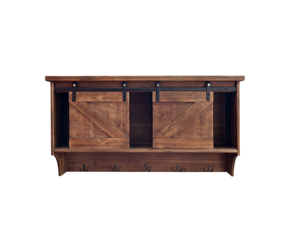Rustic Wooden Shelf with Barn Door Storage and Hooks By Homeroots - Image 2