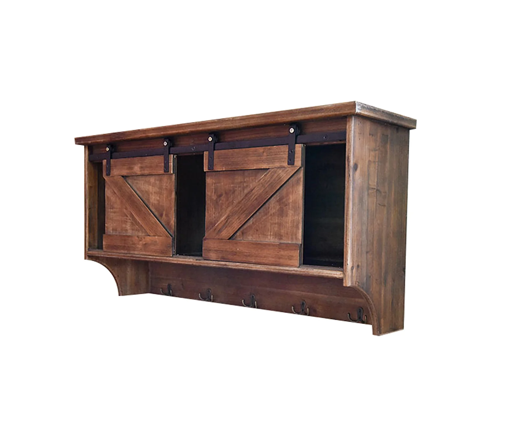 Rustic Wooden Shelf with Barn Door Storage and Hooks By Homeroots - Image 3