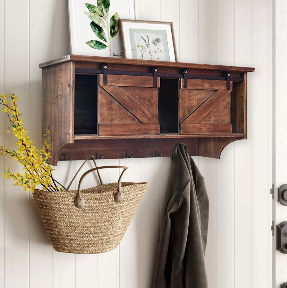 Rustic Wooden Shelf with Barn Door Storage and Hooks By Homeroots - Image 4
