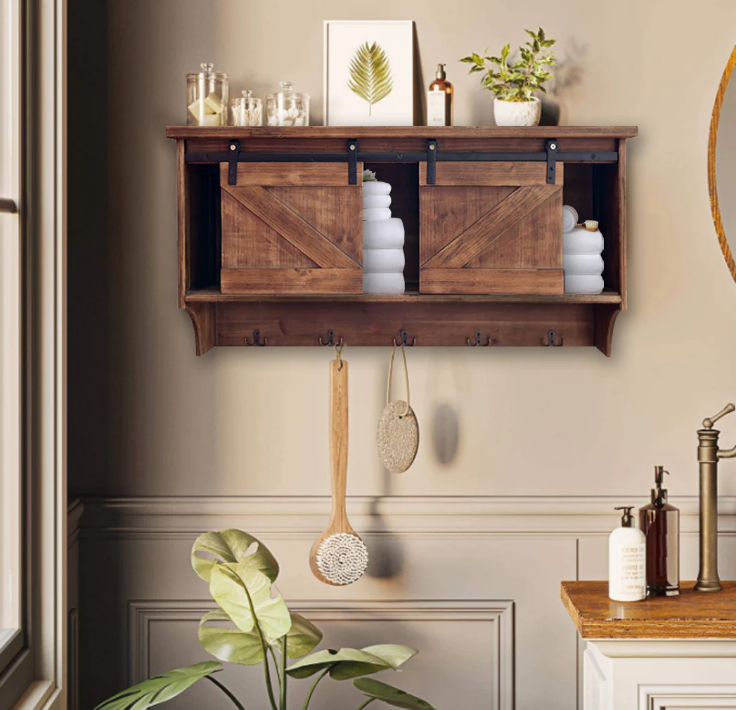Rustic Wooden Shelf with Barn Door Storage and Hooks By Homeroots - Image 5