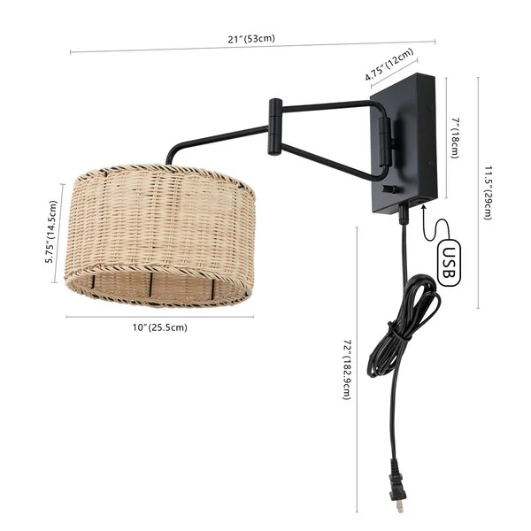 Safavieh Bramley, 21 Inch, Natural/Black, Rattan/Iron Wall Sconce W/ Usb Port Set Of 2 - Black - Image 2