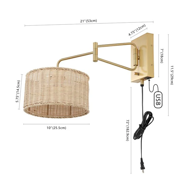 Safavieh Bramley, 21 Inch, Natural/Brass, Rattan/Iron Wall Sconce  W/ Usb Port Set Of 2 - Brass - Image 2