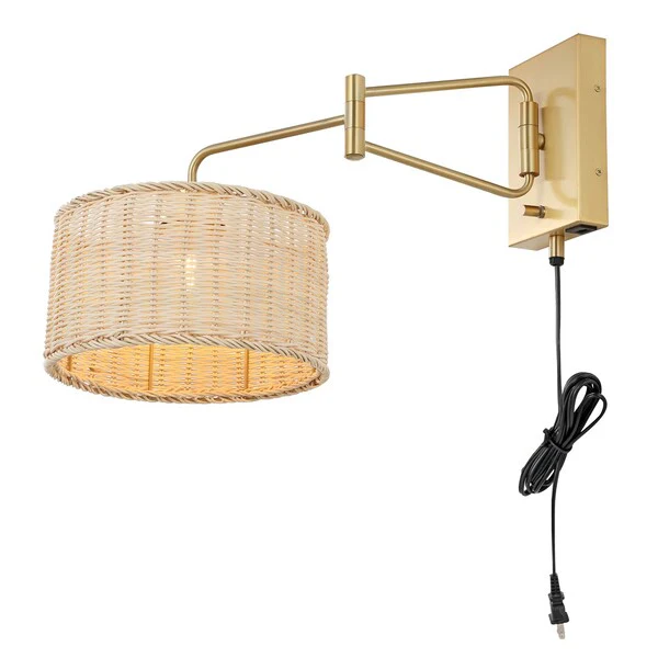 Safavieh Bramley, 21 Inch, Natural/Brass, Rattan/Iron Wall Sconce  W/ Usb Port Set Of 2 - Brass - Image 3