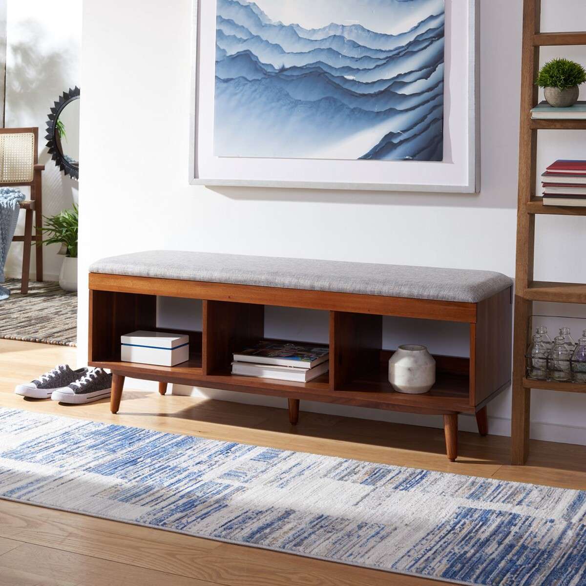 Safavieh Cricket Open Shelf Bench W/ Cushion - Gray Linen - Image 4