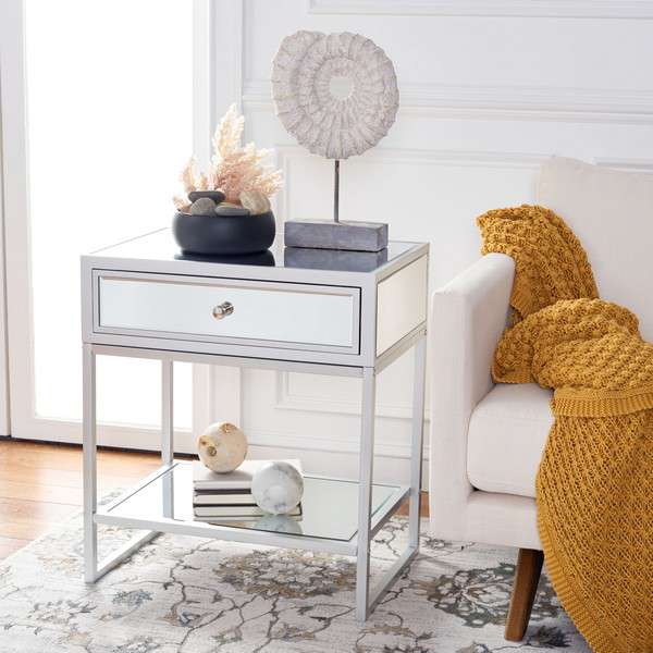 Safavieh Cyra 1 Drawer Mirrored Accent Table - Silver - Image 4