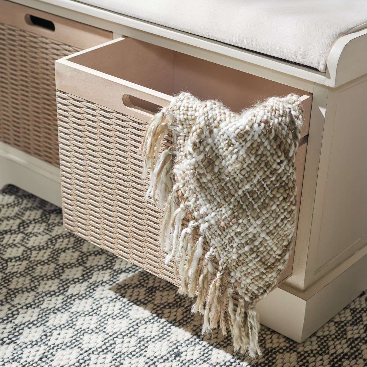 Safavieh Landers 2 Drawer/Cushion Storage Bench - Distressed White - Image 3