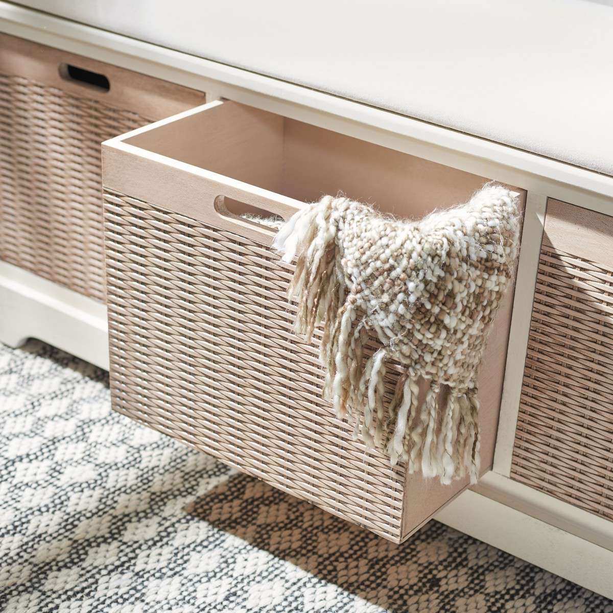 Safavieh Landers 3 Drawer/Cushion Storage Bench - Distressed White - Image 4