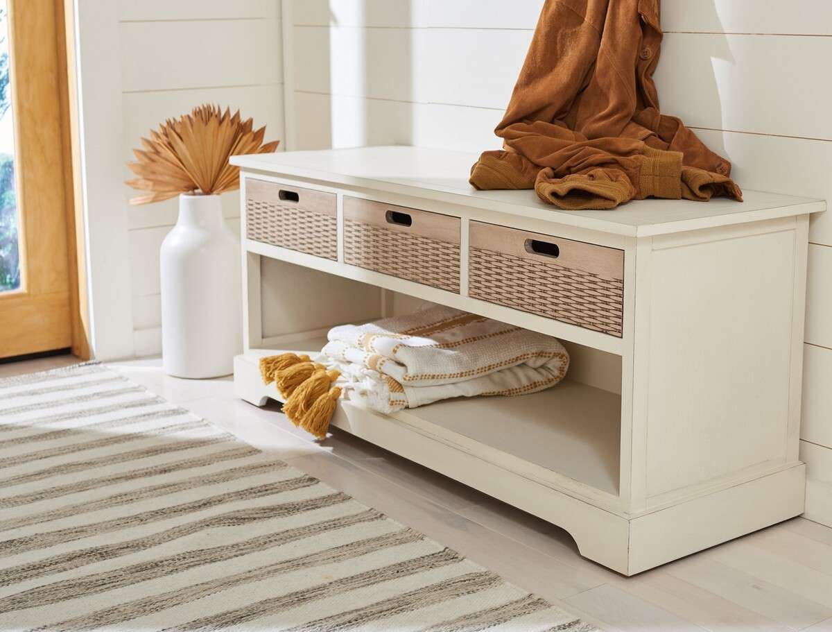 Safavieh Landers 3 Drawer Storage Bench - Distressed White - Image 3