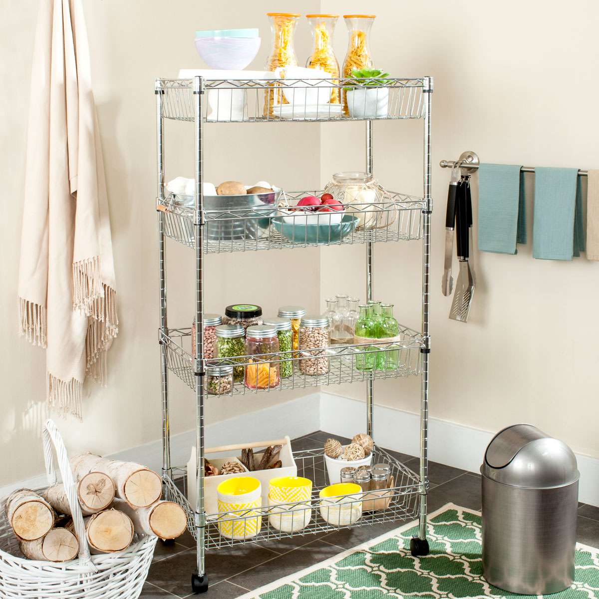 Safavieh Mario 4 Tier Chrome Wire Basket Rack Happimess By Safavieh (23.6 In. W X 13.8 In. D X 47.2 In. H) - Chrome - Image 4