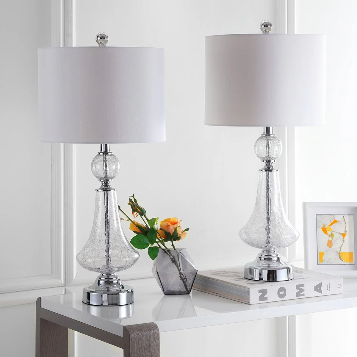 Safavieh Mercury 25.5-Inch H Crackle Glass Table Lamp/White Satin Shade Set Of 2 - Clear - Image 2