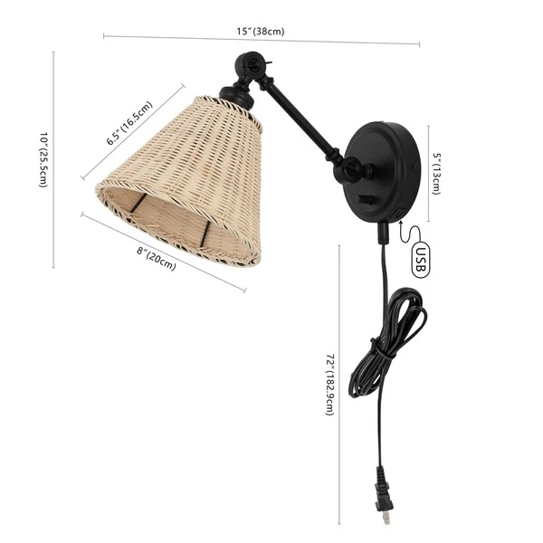 Safavieh Oswynn, 15 Inch, Natural/Black, Rattan/Iron Wall Sconce Set Of 2 W/ Usb Port Set Of 2 - Black - Image 2