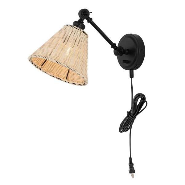 Safavieh Oswynn, 15 Inch, Natural/Black, Rattan/Iron Wall Sconce Set Of 2 W/ Usb Port Set Of 2 - Black - Image 3