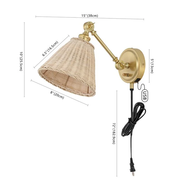 Safavieh Oswynn, 15 Inch, Natural/Brass, Rattan/Iron Wall Sconce Set Of 2 W/ Usb Port Set Of 2 - Brass - Image 2
