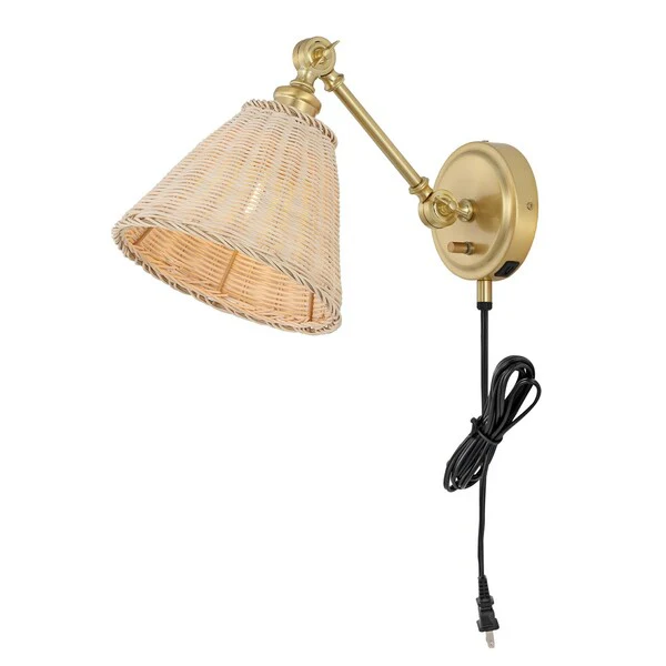 Safavieh Oswynn, 15 Inch, Natural/Brass, Rattan/Iron Wall Sconce Set Of 2 W/ Usb Port Set Of 2 - Brass - Image 3