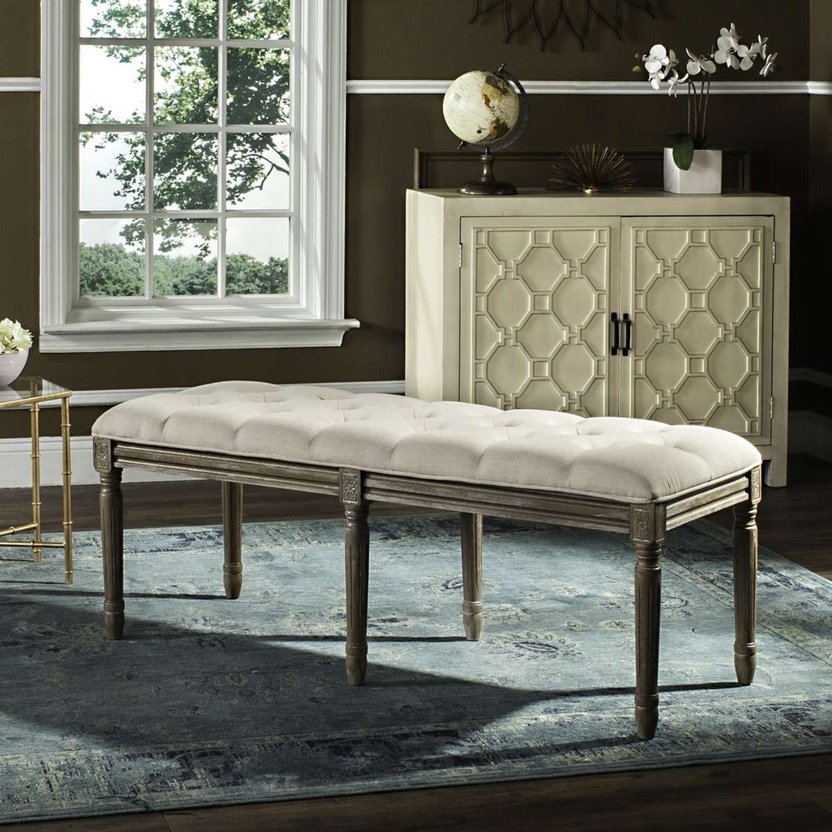 Safavieh Rocha 19''H French Brasserie Tufted Traditional Rustic Wood Bench - Beige - Image 4