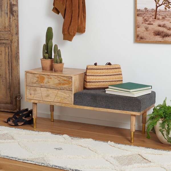 Safavieh Taft 2 Drawer Cushioned Seated Bench - Natural - Image 4