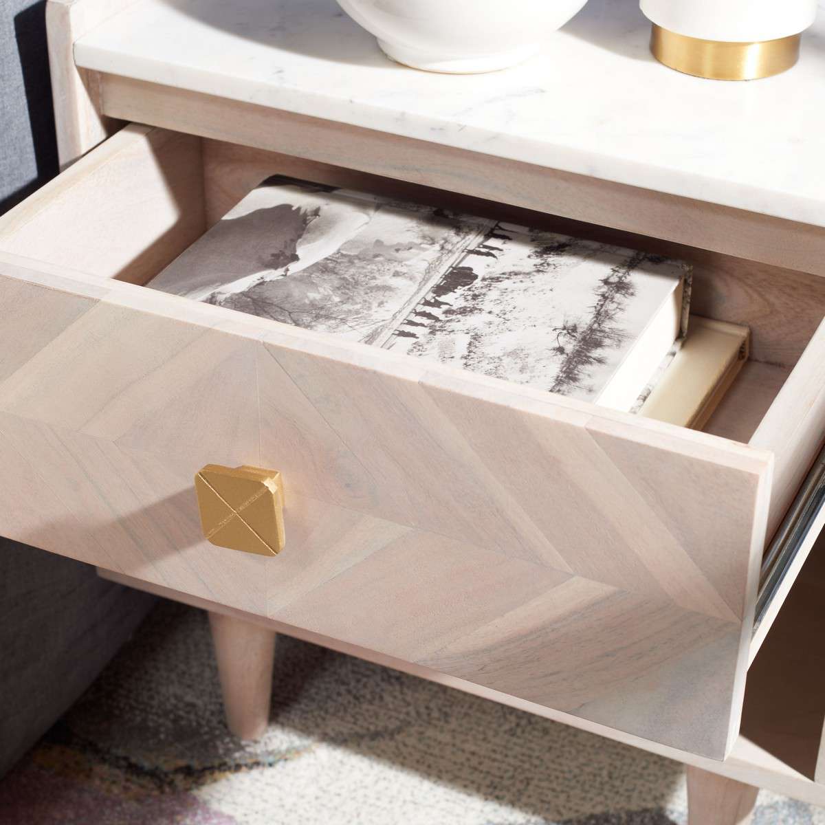 Safavieh Tahseen Parquet Nightstand - White Wash With White With Brass - Image 4